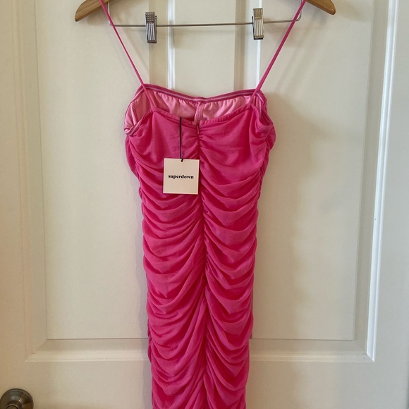 NWT Superdown Emmie Mesh Mini Dress Hot Pink Ruched Mesh Bodycon Revolve Sz M - Picture 9 of 10